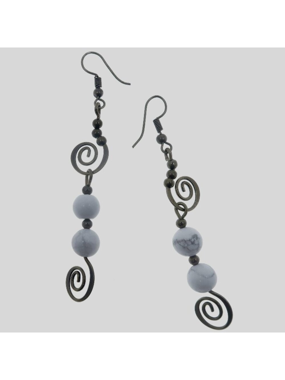 Howlite Earrings White Gemstone Spiral of Peace Long Beaded Dangle Drop Jewelry